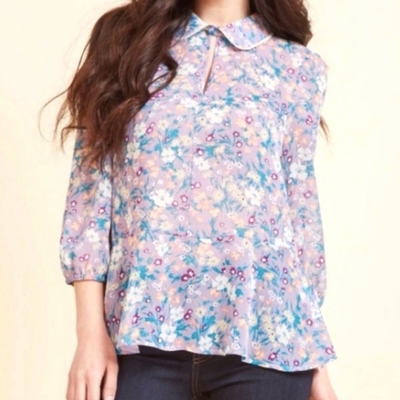 Modcloth Tops - ModCloth Lavender Floral Chiffon Blouse Peter Pan Lace Collar Size L